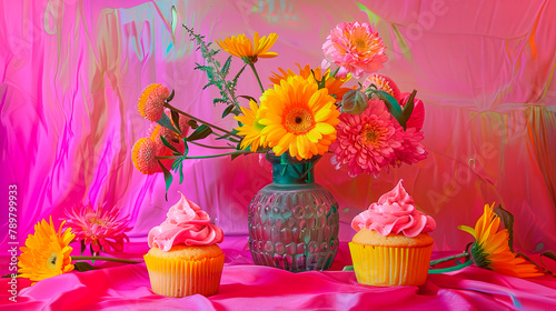 Still life with pretty flowers and pink frosted cupcakes