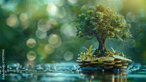 A tree growing on top of a pile of money. The tree is surrounded by water. The background is green and out of focus. photo
