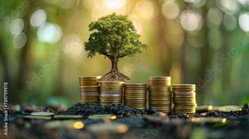 A tree growing out of a pile of coins. The tree is reaching towards the sun. photo