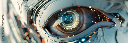 Intricate blend of cyborg female visage and high tech cyber security, A close up of an eye with the word eye on it.  photo