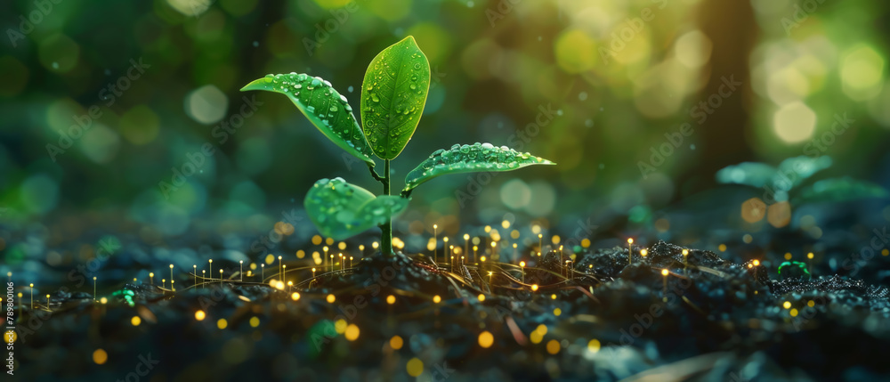 A small plant with dew drops on it is growing in the dirt A small plant with dew drops on it is growing in the dirt