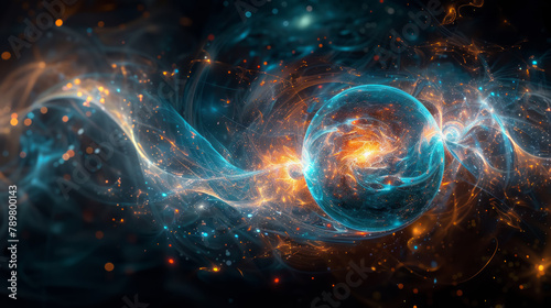 A colorful galaxy with a blue and orange ball in the middle