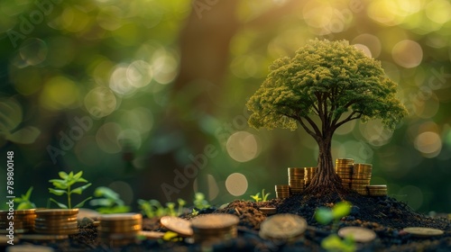A tree growing out of a pile of money with a green background photo