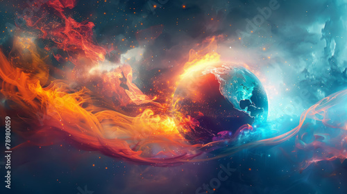 A colorful space scene with a red and blue planet in the middle