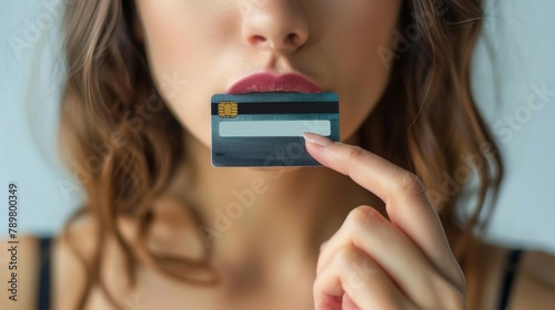 A woman holds a credit card between her lips.