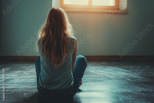 “Solitude” A young women sits alone on the floor, gazing towards a bright window in a dimly lit room, evoking a sense of solitude.