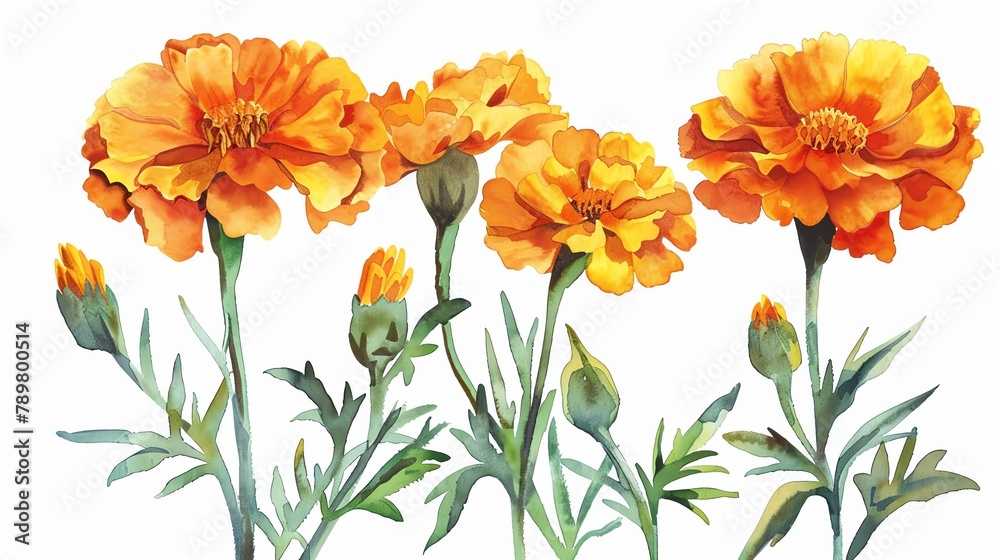 Obraz premium Watercolor marigold clipart with orange and yellow blooms