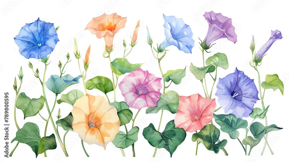 Watercolor morning glory clipart with trumpetshaped flowers in various colors