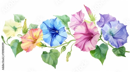 Watercolor morning glory clipart with trumpetshaped flowers in various colors photo