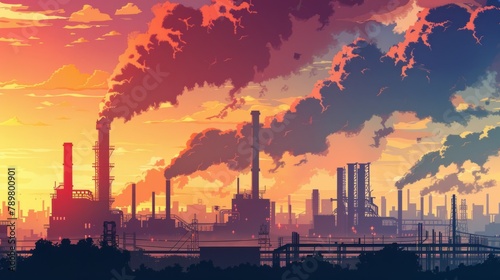 Dynamic industrial scene: steel structures against urban skyline.