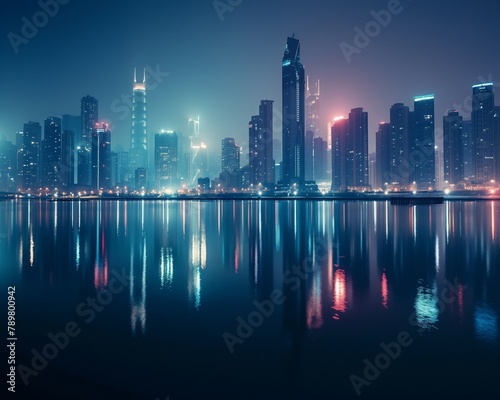 A tranquil lake reflecting the lights of a futuristic cityscape in the distance - 1 © Saranan