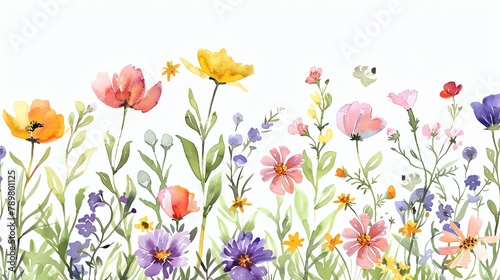 Watercolor wildflower clipart featuring a mix of colorful blooms and greenery © maku