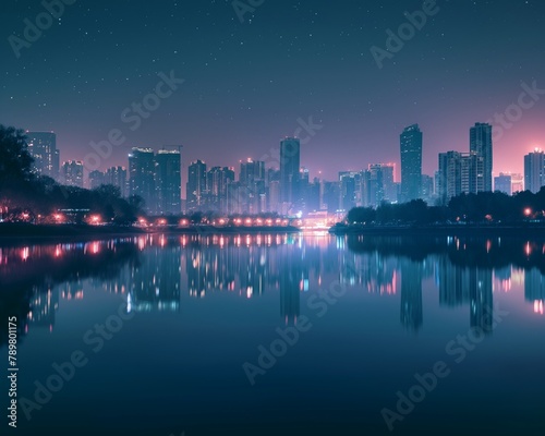 A tranquil lake reflecting the lights of a futuristic cityscape in the distance - 1