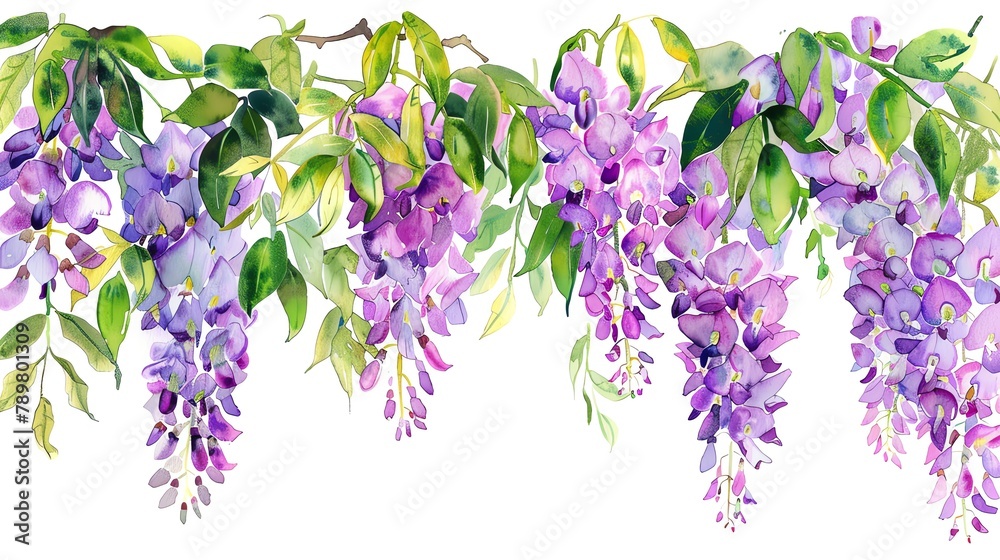 Watercolor wisteria clipart with cascading purple blooms