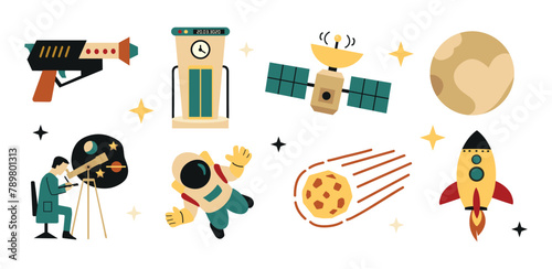 Set, collection of space and science icon clipart element isolated vector illustration