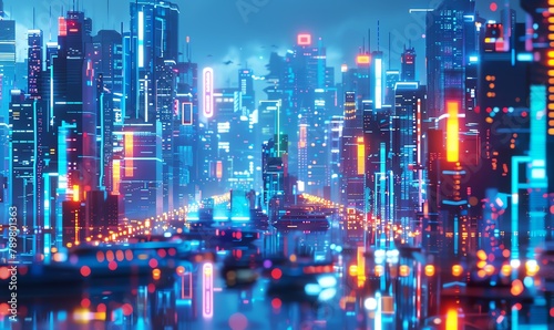 Illustrate a futuristic cityscape using vibrant pixel art, highlighting the integration of Fintech services through sleek, neon-lit buildings and advanced digital interfaces © NeeArtwork