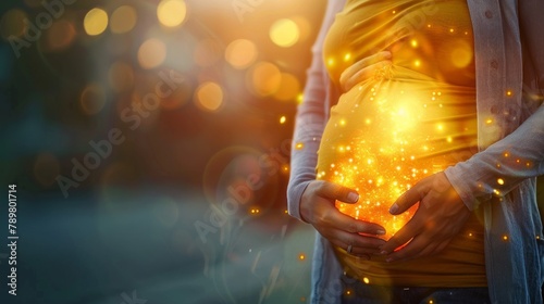 An illustration of a pregnant woman holding her belly with a glowing light inside.