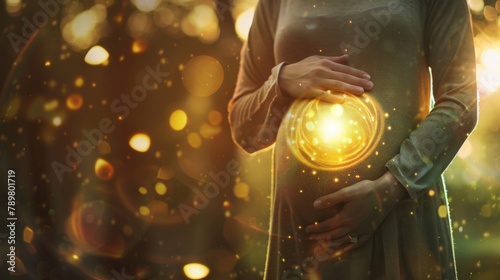 An illustration of a pregnant woman holding her belly with a glowing light over it.