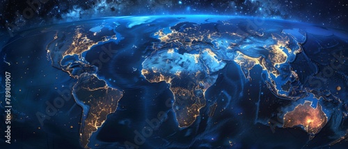 Blue and black shaded globe of earth from space, showing city lights.