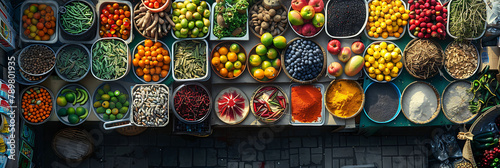 overhead view of A street vendor selling exotic fruits and spices from around the world, hyperrealistic travel photography, copy space for writing