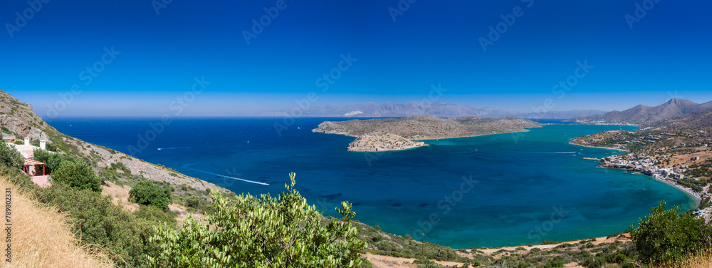 Overlooking Spinalonga island and peninsula from height (Plaka, Crete, Greece)