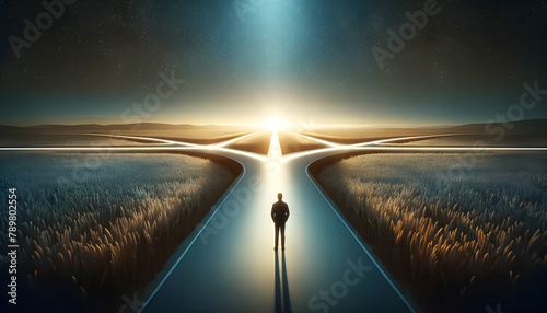 The concept of opportunity comes at all times, A person standing at a crossroads in an open field, with multiple paths stretching out towards the horizon, each representing different opportunities. photo