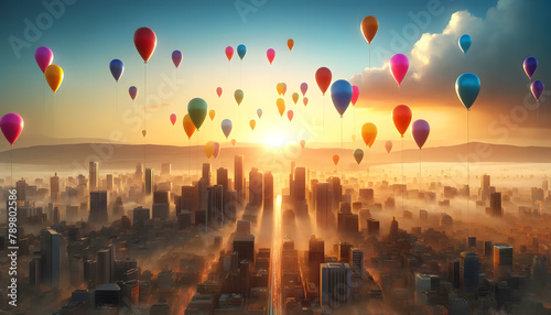 The concept of opportunity comes at all times, A vibrant cityscape at dawn with colorful balloons rising into the sky #789802586