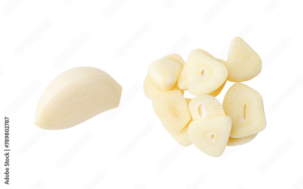 Top view set of peeled garlic cloves and slices or pieces in stack isolated on white background with clipping path Top view set of peeled garlic cloves and slices or pieces in stack isolated on white background with clipping path