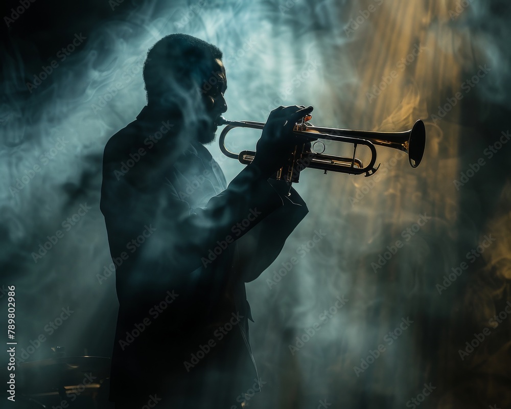 Obraz premium A musician playing the trumpet with a spotlight in the background