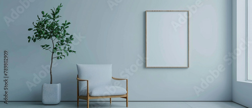 Let stress melt away as you recline in a comfortable single sofa chr, enhanced by a delightful little plant and a blank white frame on a serene, minimalist wall. photo