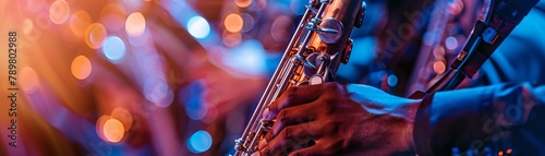 A musician playing the saxophone on stage with colorful lights in the background.