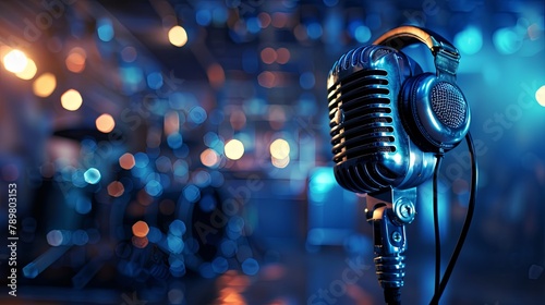 Blue and silver retro microphone with headphones on stand against blurred blue background with bokeh lights. photo