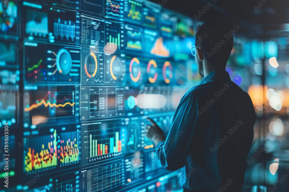 A man is looking at a computer screen with many different colored graphs A man is looking at a computer screen with many different colored graphs