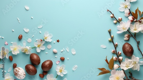 Blue background with chocolate Easter eggs and white cherry blossoms. photo