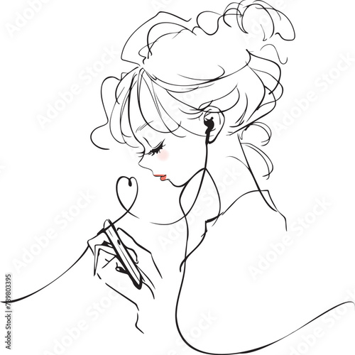 Elegant single-line drawing of a woman with headphones and smartphone, Concept of music and technology in modern femininity