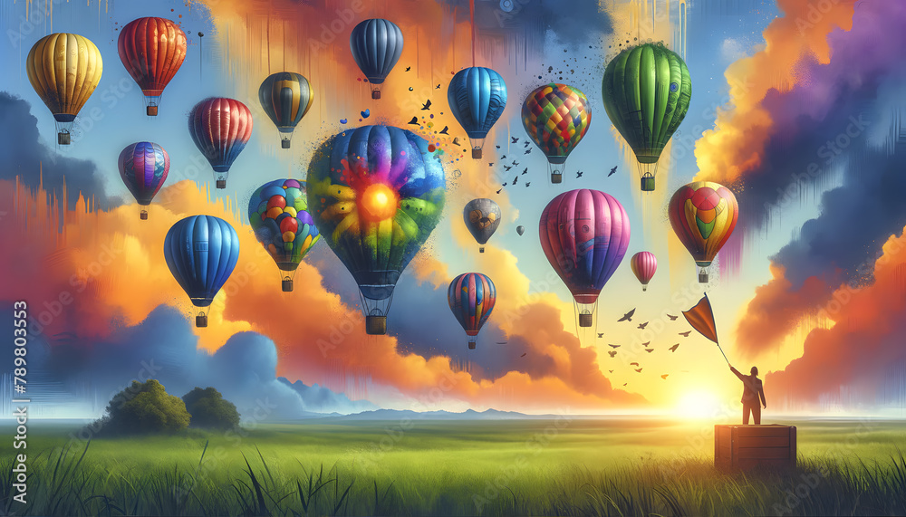 Obraz premium The concept of opportunity comes at all times, a series of colorful hot air balloons taking off into a vibrant sunrise sky, each balloon symbolizing a unique opportunity and adventure.