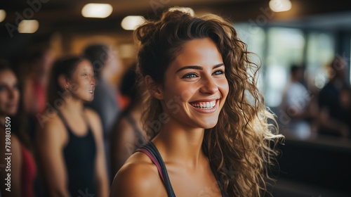 Portrait of a smiling young woman looking at camera in fitness studio photo