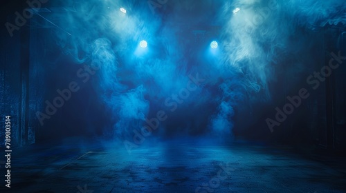 Blue spotlights illuminate an empty stage covered in smoke.