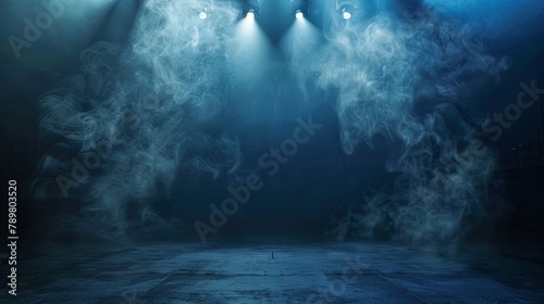 Blue spotlights illuminate an empty stage covered in smoke.