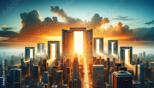 The concept of opportunity comes at all times, a cityscape where each building is shaped like an open door, bathed in the golden light of dawn.