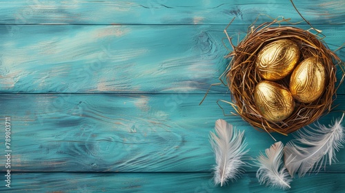 Blue wooden background with a nest of golden eggs and white feathers