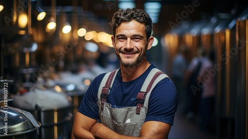 Portrait of a young man in apron standing with arms crossed in warehouse photo
