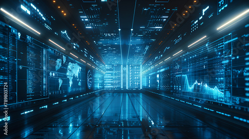 Stereoscopic data chart, visual data screen,data table, Visual data design, Technical style, blue and white color scheme, white font, blue background, Surreal, 3D rendering,OC renderer