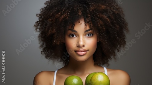 Beautiful african american woman with afro hairstyle holding oranges