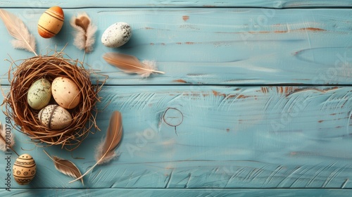 Blue wooden background with Easter eggs in a nest and feathers photo