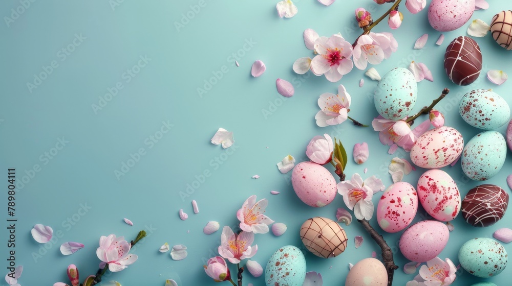 Easter background with colorful eggs and spring flowers.