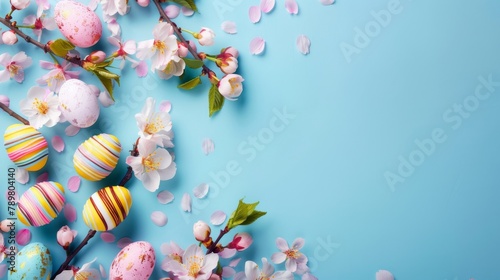 Easter eggs and spring flowers on blue background photo
