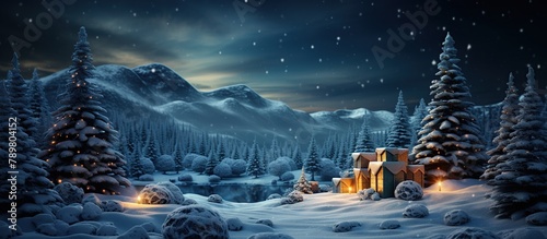 Fairytale winter landscape with castle and christmas tree.