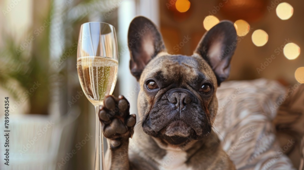 Frenchie holding a glass of champagne with his paw