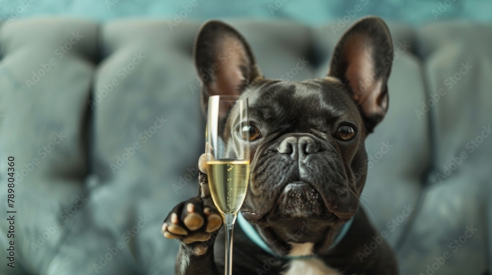 Frenchie looks a little tipsy after drinking champagne.